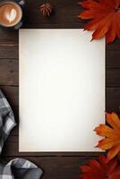 Blank sheet of paper surrounded by fall leaves, coffee cup, and cozy cloth on wooden surface, representing autumn and seasonal writing photo
