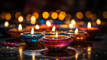 Candle light Diya oil lamps and colorful bokeh background. A colorful candles and flowers with a warm and inviting Diwali mood. photo