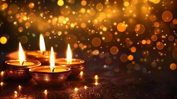 Colorful clay diya lamps. Warm and inviting Diwali mood. Copy place photo
