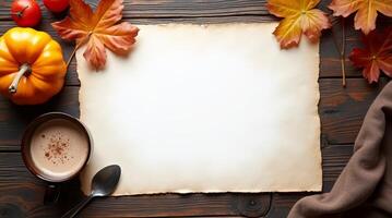 Blank aged paper surrounded by autumn leaves, pumpkin, coffee, and tomatoes, on dark wood background. Concept of seasonal message or recipe photo
