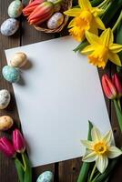 Decorated Easter eggs, tulips, and daffodils arranged around a blank white card on dark wooden surface, symbolizing spring and Easter celebration Space for text photo