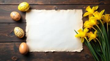 Painted Easter eggs and yellow daffodils beside blank parchment sheet on rustic wooden table, symbolizing spring and festive celebration photo