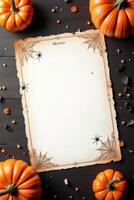 Halloween-themed menu paper with spider web and spider design, surrounded by pumpkins on a dark wooden background. Spooky autumn concept Space for text photo