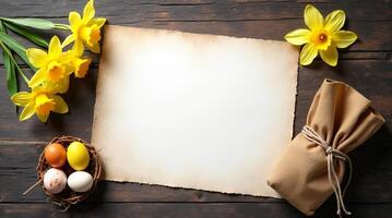 Easter eggs, daffodils, and rustic blank paper on wooden table background. Space for text photo