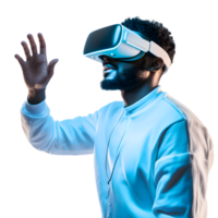 Man Using VR Headset with Hands Raised on Transparent Background png