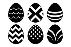 Six decorated egg shapes display distinct monochrome designs over a bright white background perfectly vector