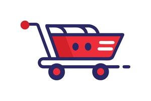 Isolated red shopping cart with navy outline is rolling to the right side vector