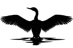 Striking silhouette of a goose standing in water with its wings spread wide open vector