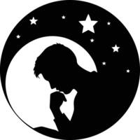 Silhouette of a thoughtful man stands against a starlit night sky inside a circle vector
