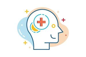 Illustrated human head shows an abstract representation of thoughts and mental processes are visible vector