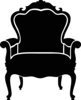 Silhouette of a black regal chair features an elaborate decorative form and design vector