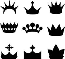 Different black crown icons signify power, authority, and nobility on a white background vector