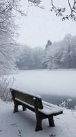 Snowy Landscape with Bench and Frozen Lake - Winter Wonderland photo
