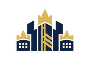 Elegant navy building rises with golden roof detailing, creating a stately architectural emblem vector