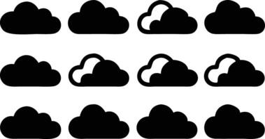 Black Cloud Icon Set on White Backdrop, Simple Weather Symbols, vector
