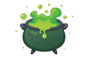 A dark cauldron overflows with bubbling, bright green potion, surrounded by floating green bubbles vector