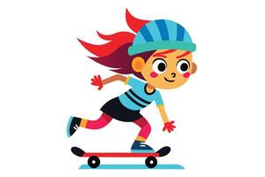 Redhaired girl with protective helmet is riding a skateboard swiftly and having great fun vector
