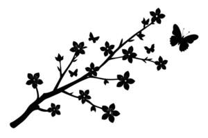 Silhouette of tree branch adorned with flowers as butterflies flutter around on white vector