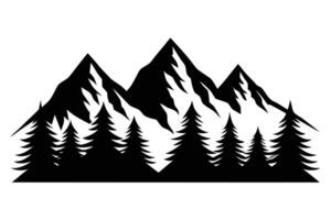 Three imposing monochrome mountains stand boldly behind a dense row of coniferous forest trees vector