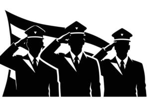 Three uniformed men salute before a flag, showing respect in a monochromatic silhouette vector