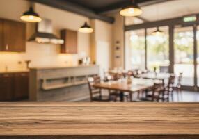 Table top in restaurant with wooden table and chairs photo
