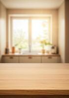 Empty wooden table top in front of kitchen with sunlight photo