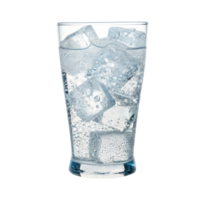 Carbonated sparkling soda water with bubbles and ice cubes on a glass on a transparent background drinks design png