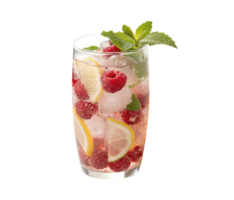 Raspberry lemonade with lemon slices and raspberries, mint , ice cubes on a transparent background drinks design png