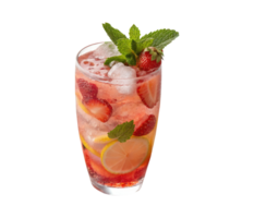 Strawberry lemonade with lemon and strawberry slices, mint, ice cubes on a transparent background drinks design png