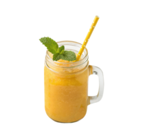 Iced mango smoothie or juice in a glass jar with straw and mint on a transparent background drinks design png