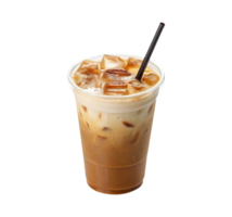Iced caramel macchiato with straw served in a plastic cup on a transparent background drinks design png