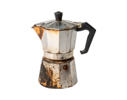 Old used and burned italian coffee maker moka pot on a transparent background drinks design png