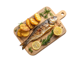 Cocked seabass fish with potatoes, rosemary, and lemon on a cutting board on a transparent background food design png