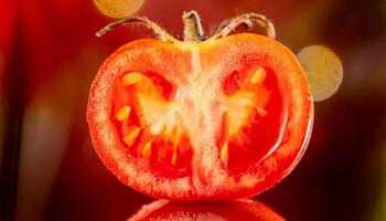 A close-up of a juicy tomato sliced in half with its seeds and pulp glistening in the light. photo