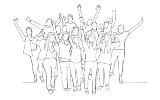 Continuous one line art of happy cheerful crowd of people. vector