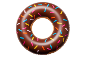 Top view of chocolate frosted donut pool float with sprinkles on transparent background for beach party designs png
