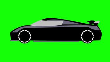 A sleek futuristic black car is isolated on a vibrant green screen background, prepared for chroma key use in visual effects or animation projects video