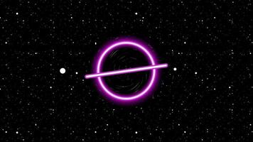 A luminous pink event horizon surrounds a black hole in space, showcasing the singularity immense gravity and surreal distortion of reality video