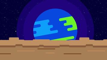 A captivating alien world horizon showcases a split between a terrestrial surface and a massive planet looming in the cosmic background of space video
