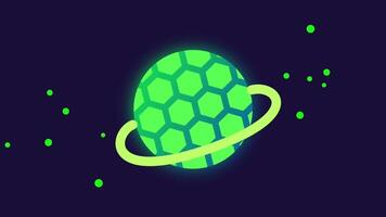 A surreal green planet featuring a hexagonal surface design orbits quietly in space, suggesting a synthetic or uniquely formed celestial body video