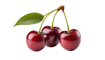 A trio of ripe red cherries with a green leaf, representing freshness and flavor. Ideal for food-related contexts, recipes, or nature themes. png