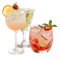 Three different types of drinks with strawberries and lemon slices png