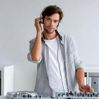 young DJ standing the console with headphones listening to music and enjoying in white background photo