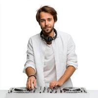 young DJ standing with headphones on listening to music and enjoying in white background photo