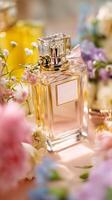 perfume bottle with elegant lighting and subtle floral accents photo