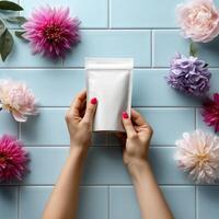 hands holding a huge white supplement bag with copy space photo