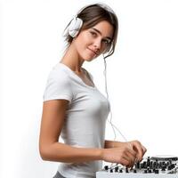 young DJ girl standing the console with headphones on listening to music and enjoying in white background photo