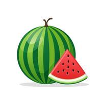 Ripe green watermelon with a red pulpy slice, displayed on a clean white background. Great for use in food, health, or summer-themed designs. vector
