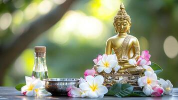Golden Buddha statue in meditation and essential oils and white plumeria. Banner template with symbol of mindful relaxation and spiritual well-being, ideal for wellness content with space for text photo
