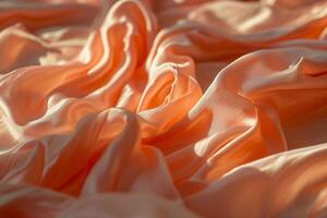Texture of draped fabric of peach color. Beautiful emerald peach fuzz soft silk textile. Design for texture, background, wallpaper. photo